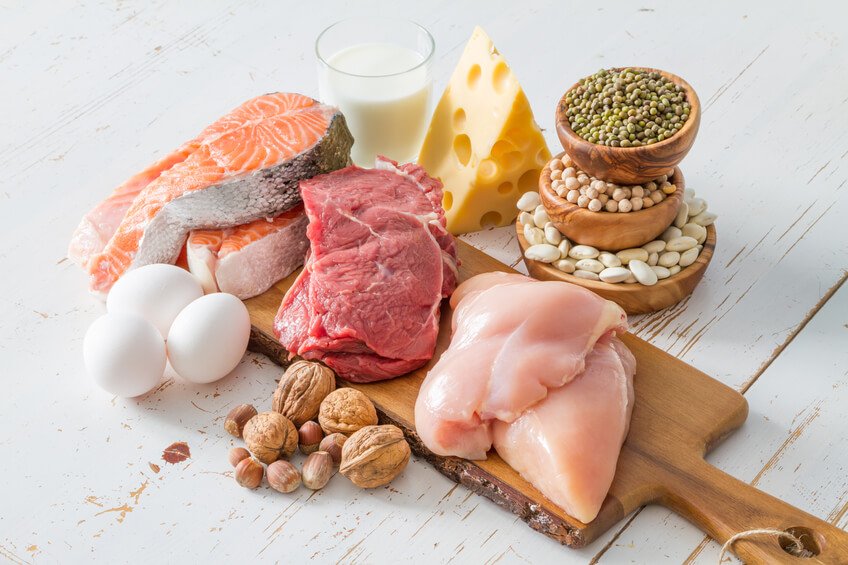 imagem de alimentos proteicos, como grãos, frango, carne, peixes e ovos