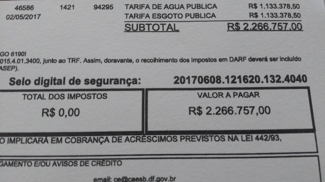 conta de água de R$ 2,2 milhões do Mané Garrincha