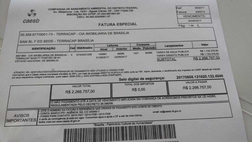 conta de água de R$ 2,2 milhões do Mané Garrincha