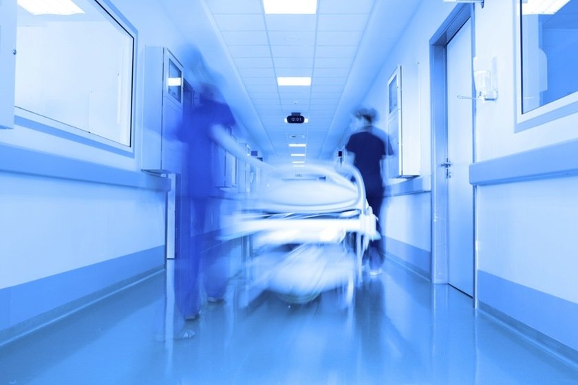 Bed in a modern clinic corridor