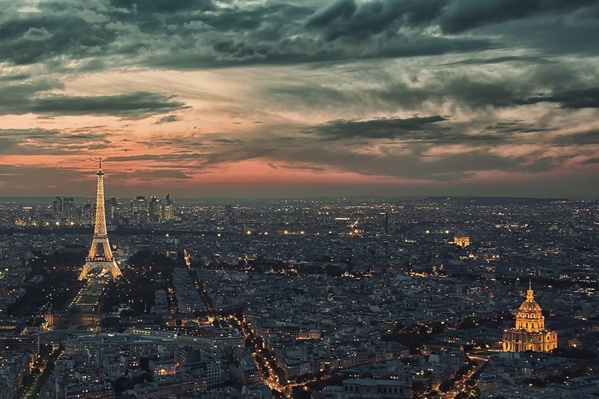 Eiffel tower and the business district La Defense in Paris