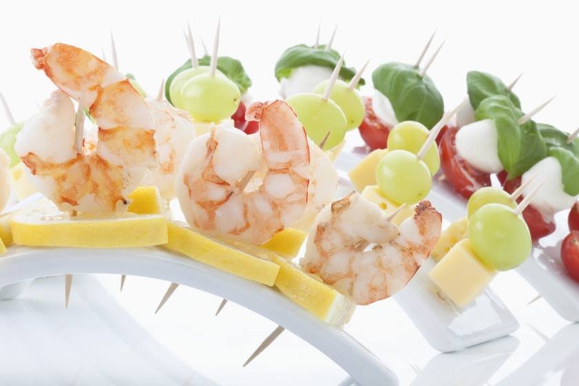 Mix of finger food in tooth picks, close up