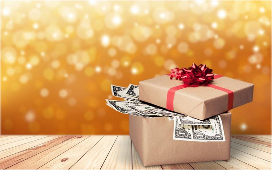 Gift box with money on background
