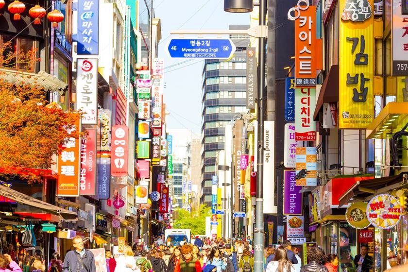 Myeongdong Crowded Shopping Street Stores Signs H