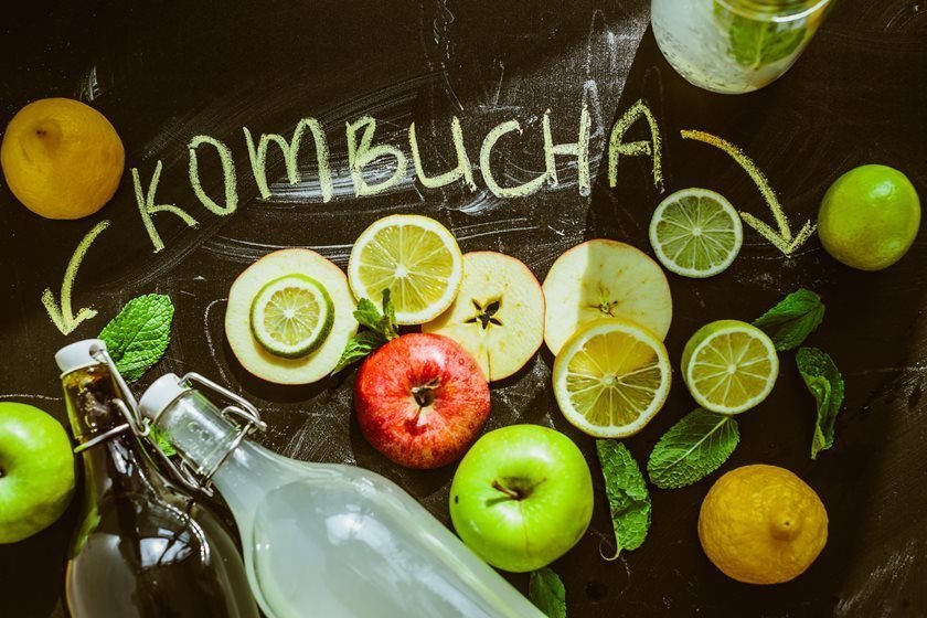 Top view on homemade Kombucha with fruits