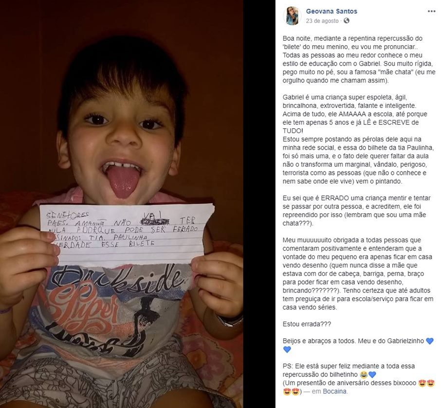 Mãe de menino que escreveu “bilete” faz desabafo após críticas