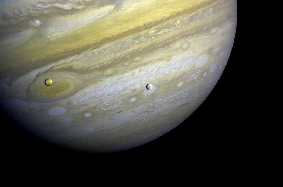Margaret Kivelson and her team discovered a subsurface ocean on Europa, center, one of Jupiter’s moons. (NASA/JPL)