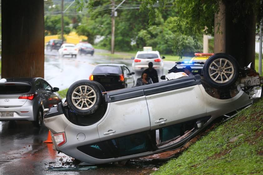 Carro capotado no Lago Sul