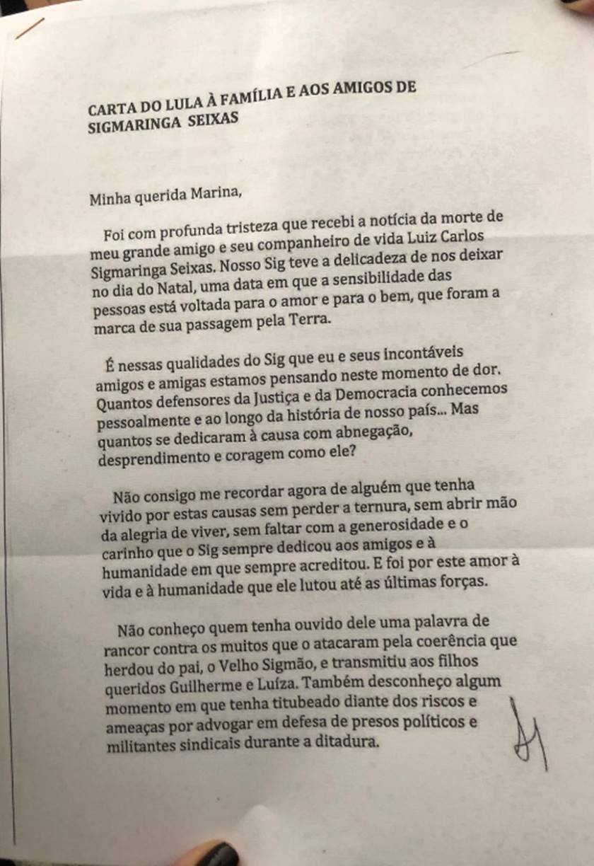 Lula manda carta à família de Sigmaringa: "Saudades para 