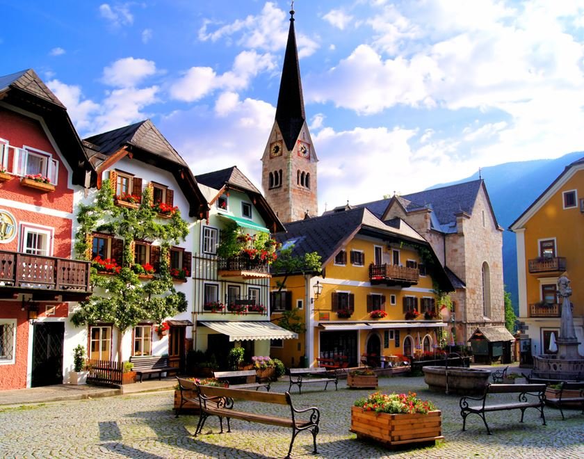 Quaint square in the Austrian village of Hallstatt