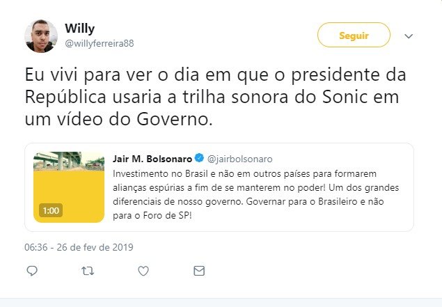 Perfil oficial do game Sonic reage a vídeo de Bolsonaro