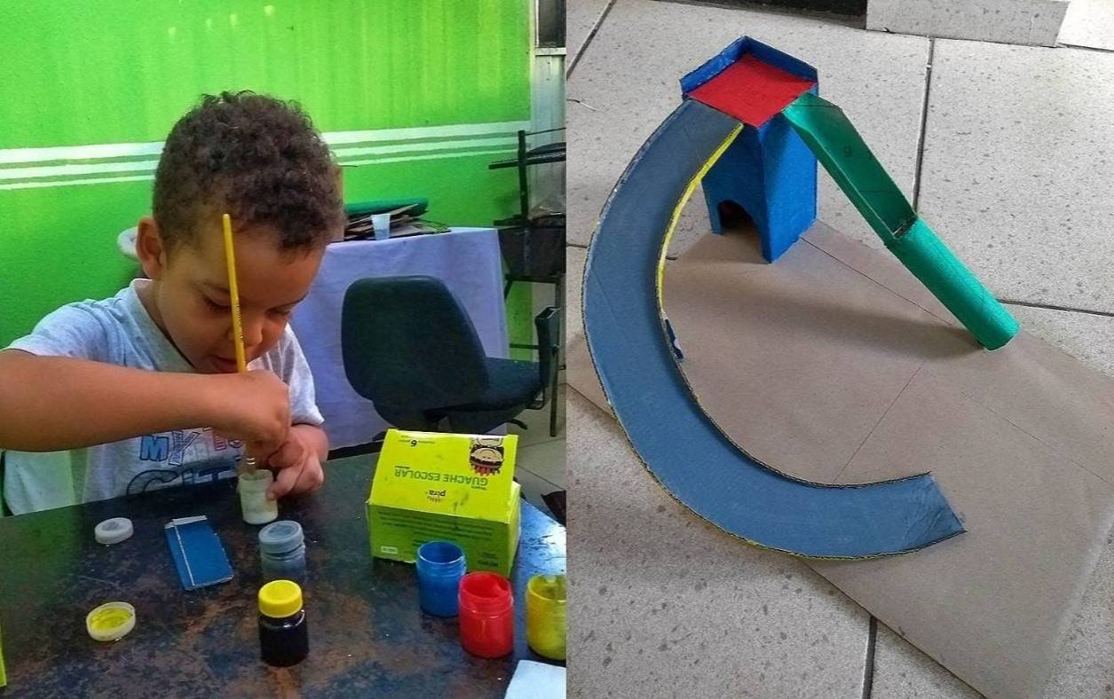 Sem dinheiro, mãe constrói pista de papelão para o filho
