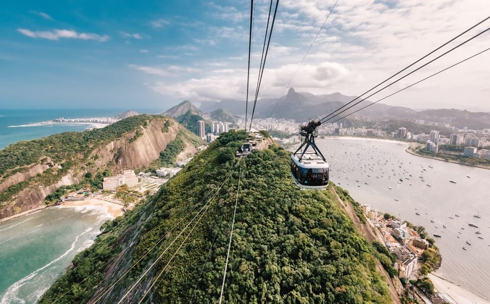 view from sugar loaf mountain on Rio cityscape with cable car coming up