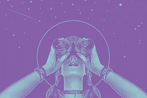 Young hipster woman with binoculars and stars