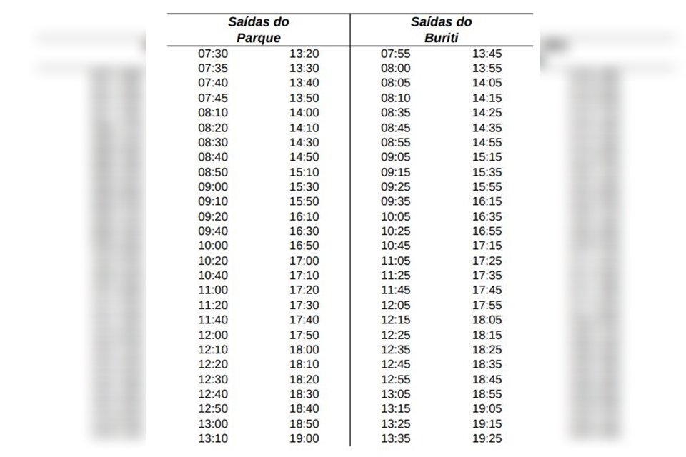 Tabela com cronograma de horários de saídas dos coletivos que farão transporte dos servidores do Buriti