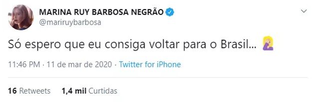 Marina Ruy Barbosa posta tweet sobre coronavírus