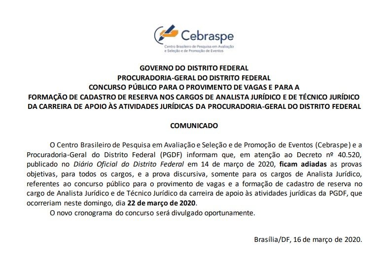 Comunicado Cebraspe concurso PGDF