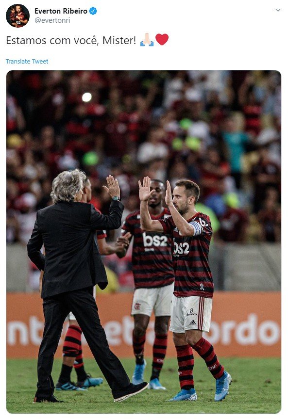 Print do Twitter do Everton Ribeiro em post com Jorge Jesus