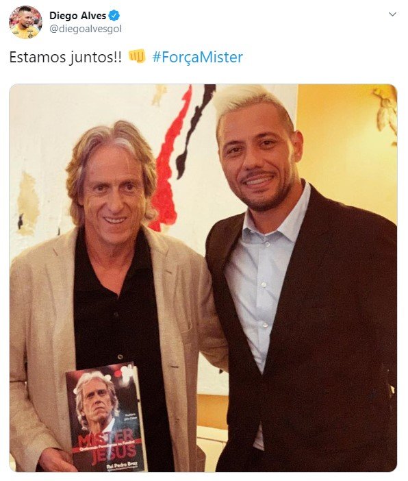 Print do Twitter do Diego Alves em post com Jorge Jesus