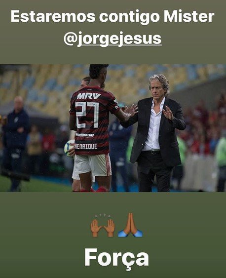 Print do Instagram do Bruno Henrique em post com Jorge Jesus