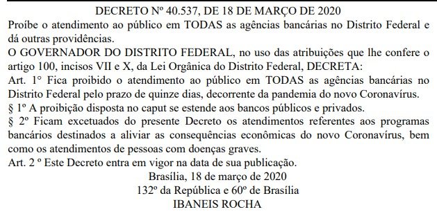 Ibaneis Rocha proíbe atendimento em bancos públicos e privados do DF