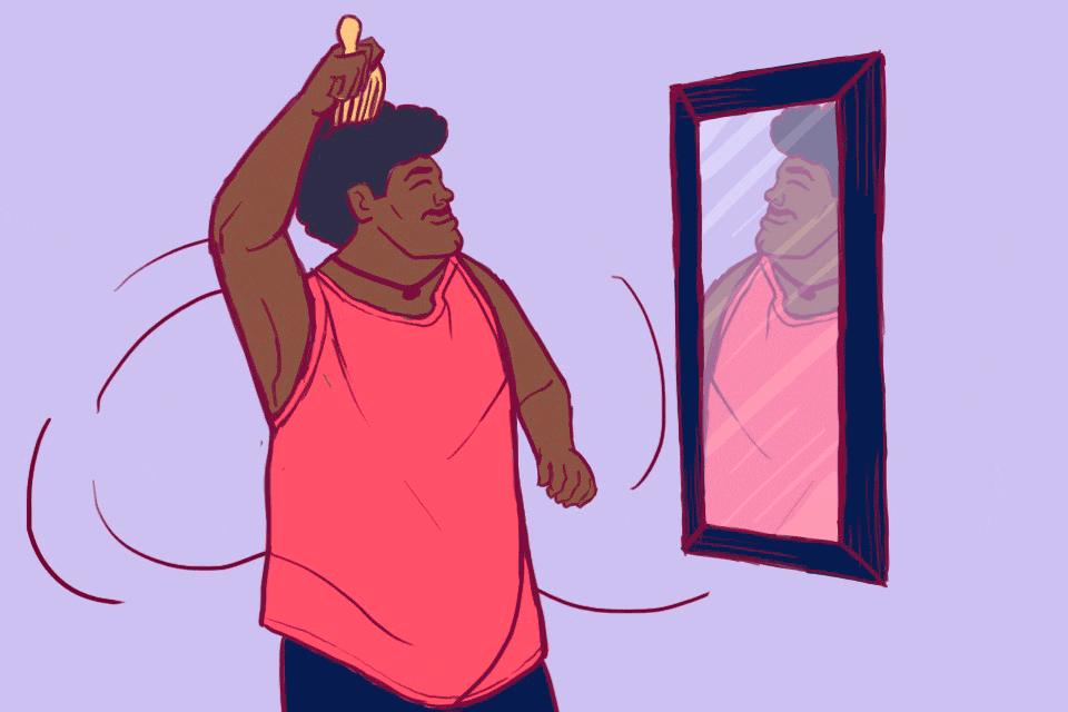 Gif do Babu Santana do BBB 20 usando pente-garfo em frente ao espelho