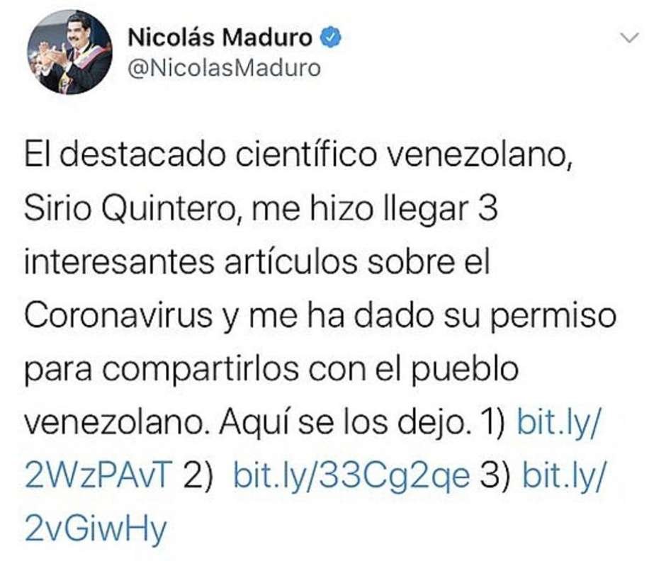 Twitter de Nicolás Maduro, que compartilha suposta cura da Covid-19