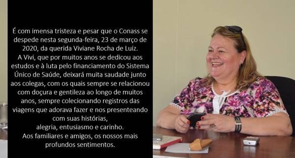 Nota do Conass sobre Viviane Rocha de Luiz, primeira vítima de coronavírus no DF