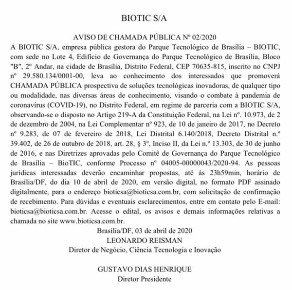 Biotic publicou, nesta segunda-feira (06/04), chamada para selecionar propostas de soluções para combate ao coronavírus no DF