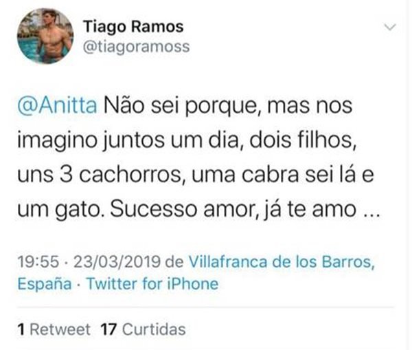 Post no Twitter de Tiago Carvalho dando em cima de Anitta