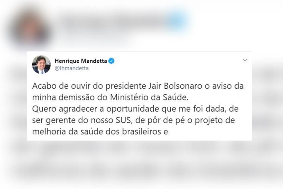 Tuíte de Mandetta sobre sua demissão