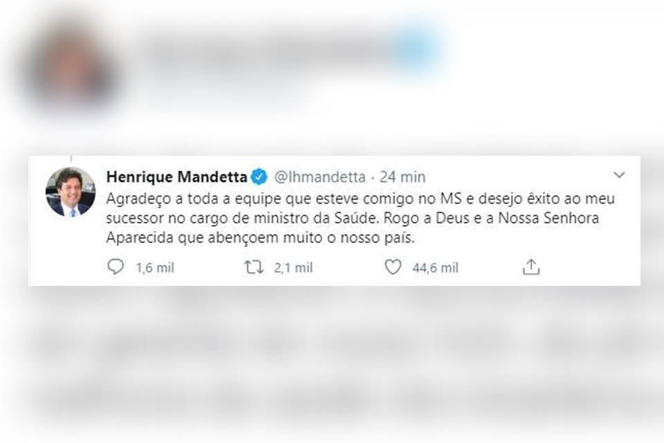Tuíte de Mandetta sobre sua demissão