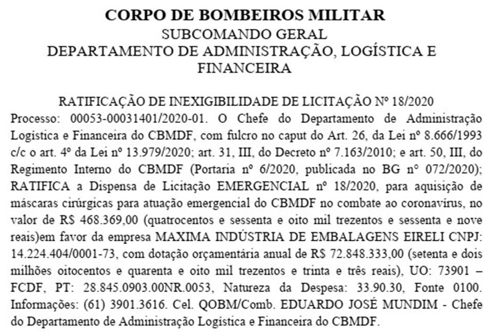 Extrato do DODF com compra de máscaras pelo CBMDF