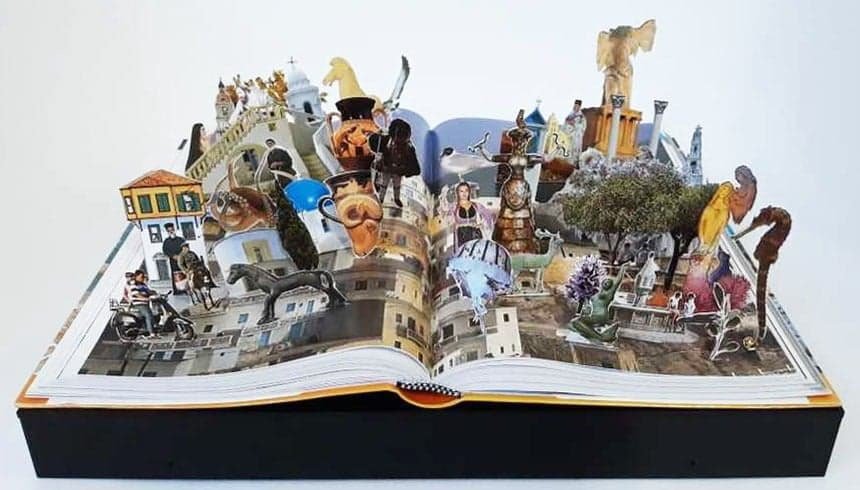 Livro aberto com figuras em 3D