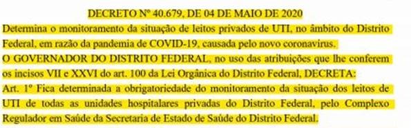 Decreto torna obrigatório monitoramento dos leitos de UTI de todos os hospitais particulares do DF