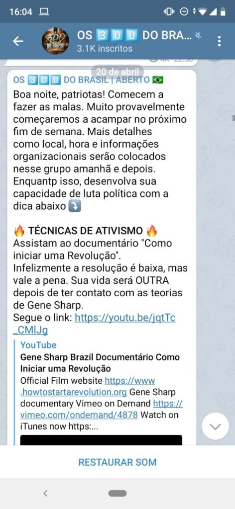 Imagem de tela do Telegram dos 300 do Brasil