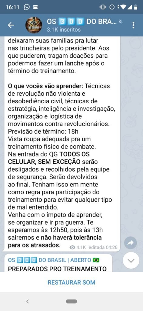 Imagem de tela do Telegram dos 300 do Brasil