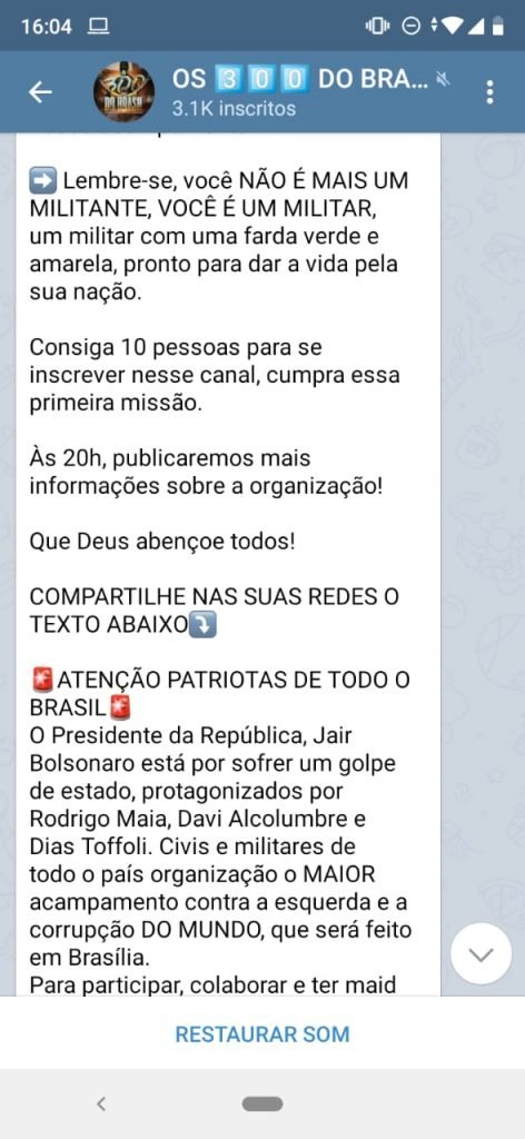 Imagem de tela do Telegram dos 300 do Brasil
