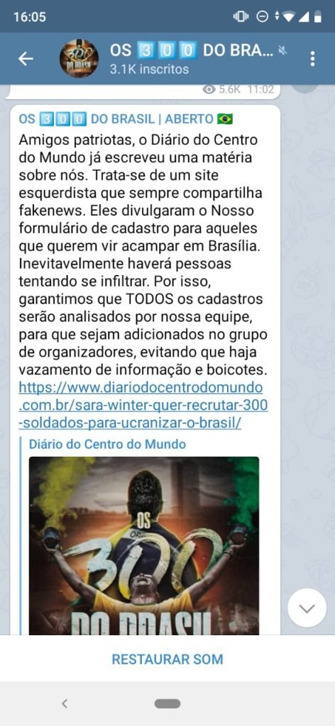 Imagem de tela do Telegram dos 300 do Brasil
