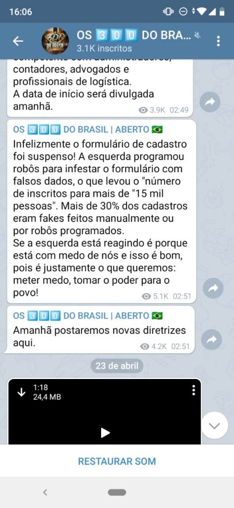 Imagem de tela do Telegram dos 300 do Brasil
