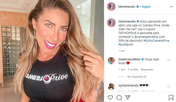 Tati Minerato com blusa do Câmera Privê