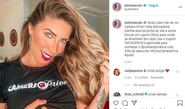 Tati Minerato com blusa do Câmera Privê