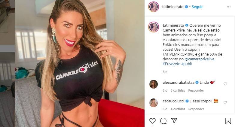 Tati Minerato com blusa do Câmera Privê