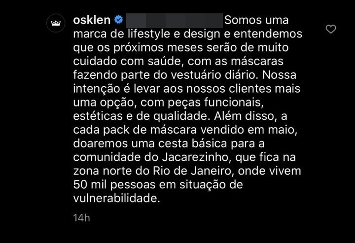 comentário no Instagram da Osklen