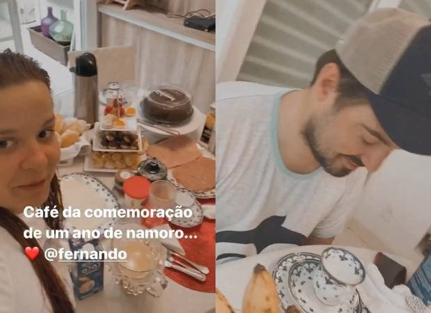Maiara e Fernando tomando café da manhã