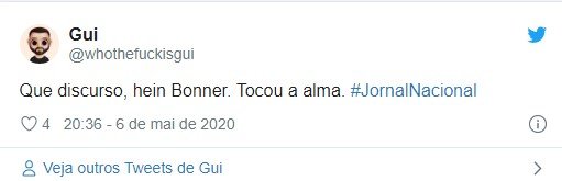 Tweet sobre discurso de William Bonner