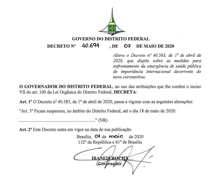 Decreto adia para dia 18 de maio a reabertura do comércio no DF