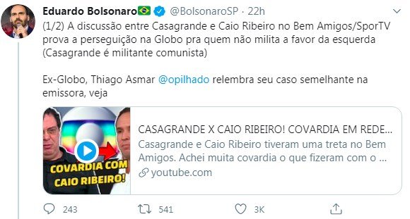 Print de tuíte de Eduardo Bolsonaro