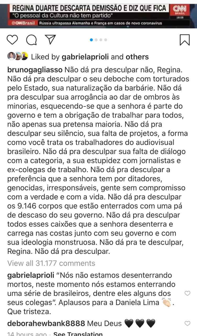 Bruno Gagliasso critica fala de Regina Duarte