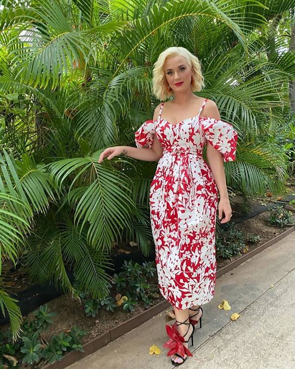 Katy Perry com vestido estampado Rose Assoulin